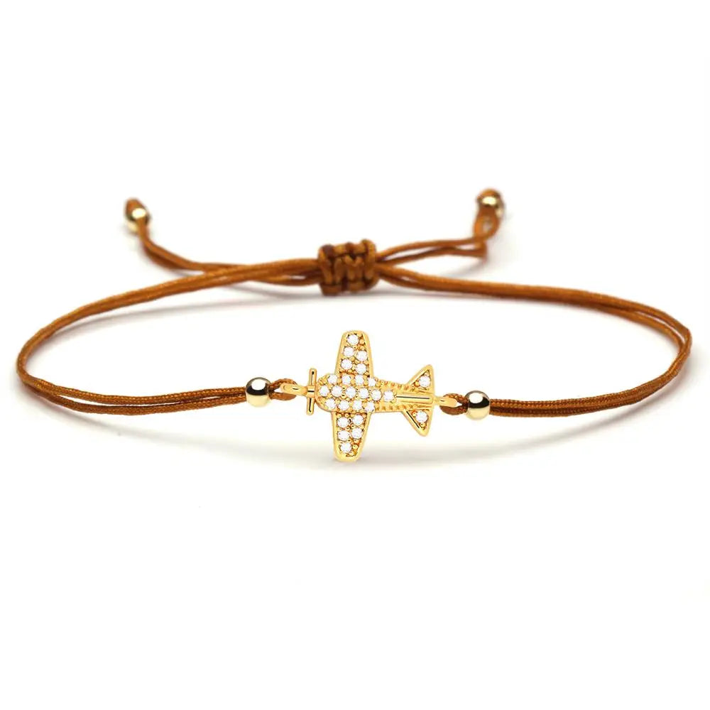 Shiny White Cubic Zirconia Copper Small Airplane Charm Bracelet