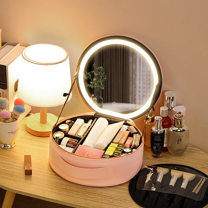 Round Smart LED Makeup Bag With Mirror Lights