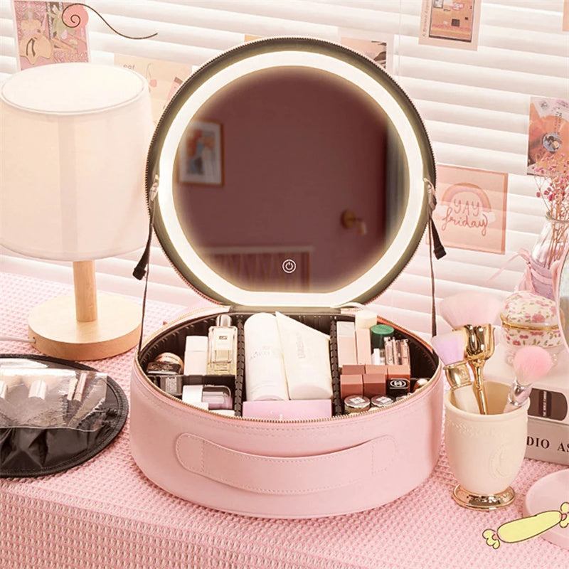 Round Smart LED Makeup Bag With Mirror Lights