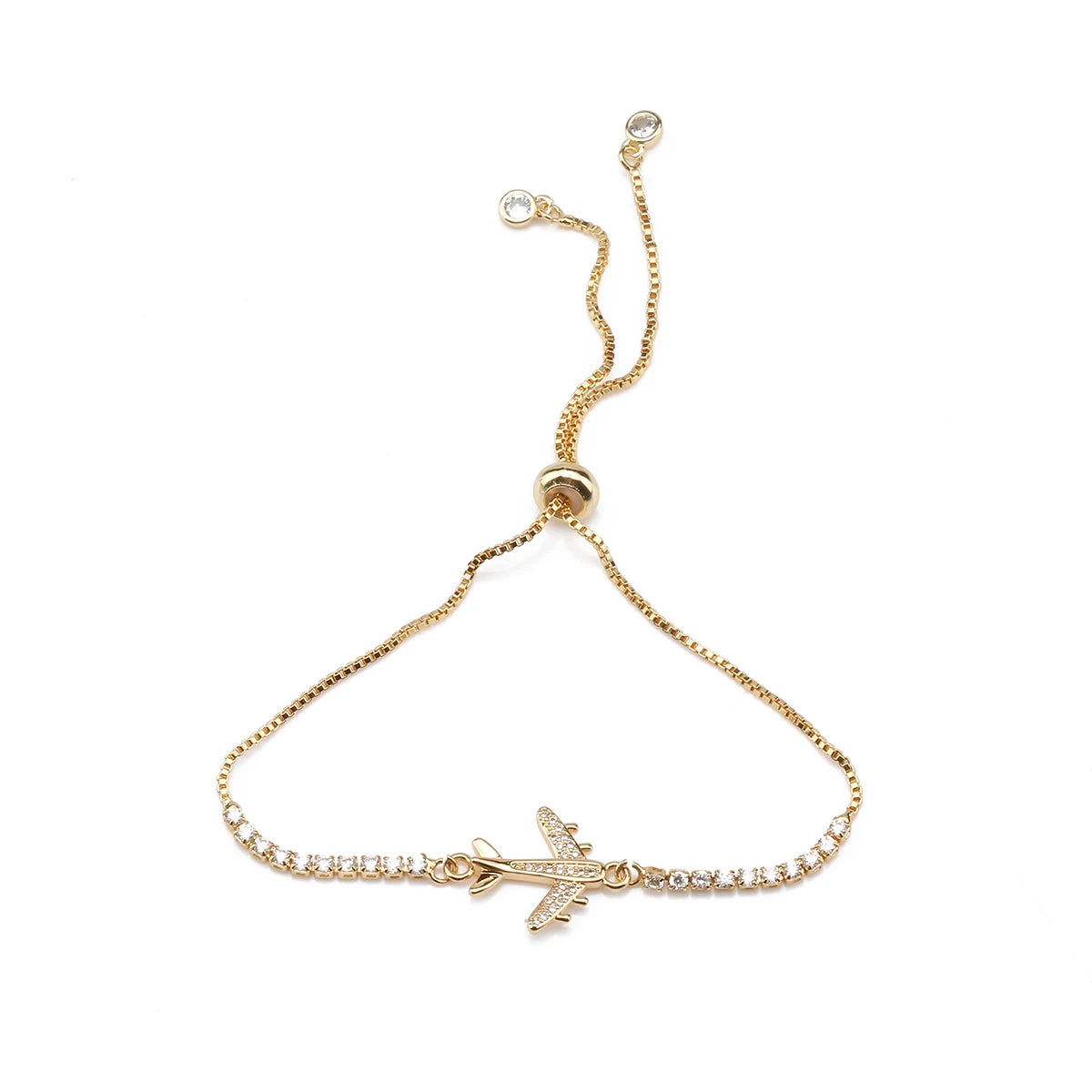 Cubic Zirconia Stone Gold-plated Copper Airplane Charm Bracelet