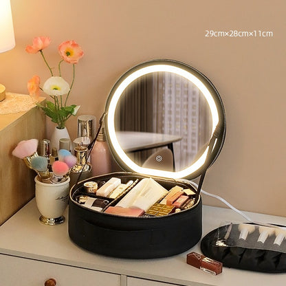 Round Smart LED Makeup Bag With Mirror Lights