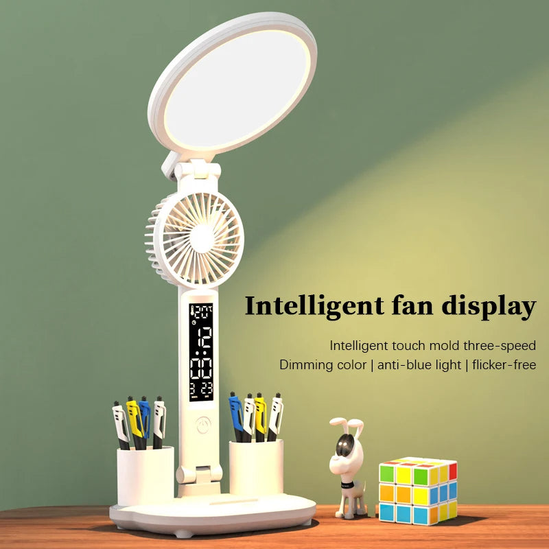 LED Clock Table Lamp USB Plug-in LED Fan Light Foldable