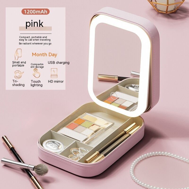 Caja de almacenaje para maquillaje con espejo de luz LED, caja de almacenamiento portátil para maquillaje y cosméticos, organizador de almacenamiento con luz táctil